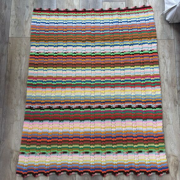 Handmade Other - Vtg Handmade Crochet Lap Blanket Afghan Throw 51”x62” Multicolor Stripe Rainbow
